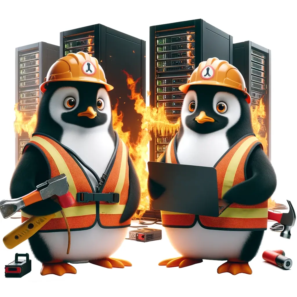Penguins standing in front of a faulty datacenter