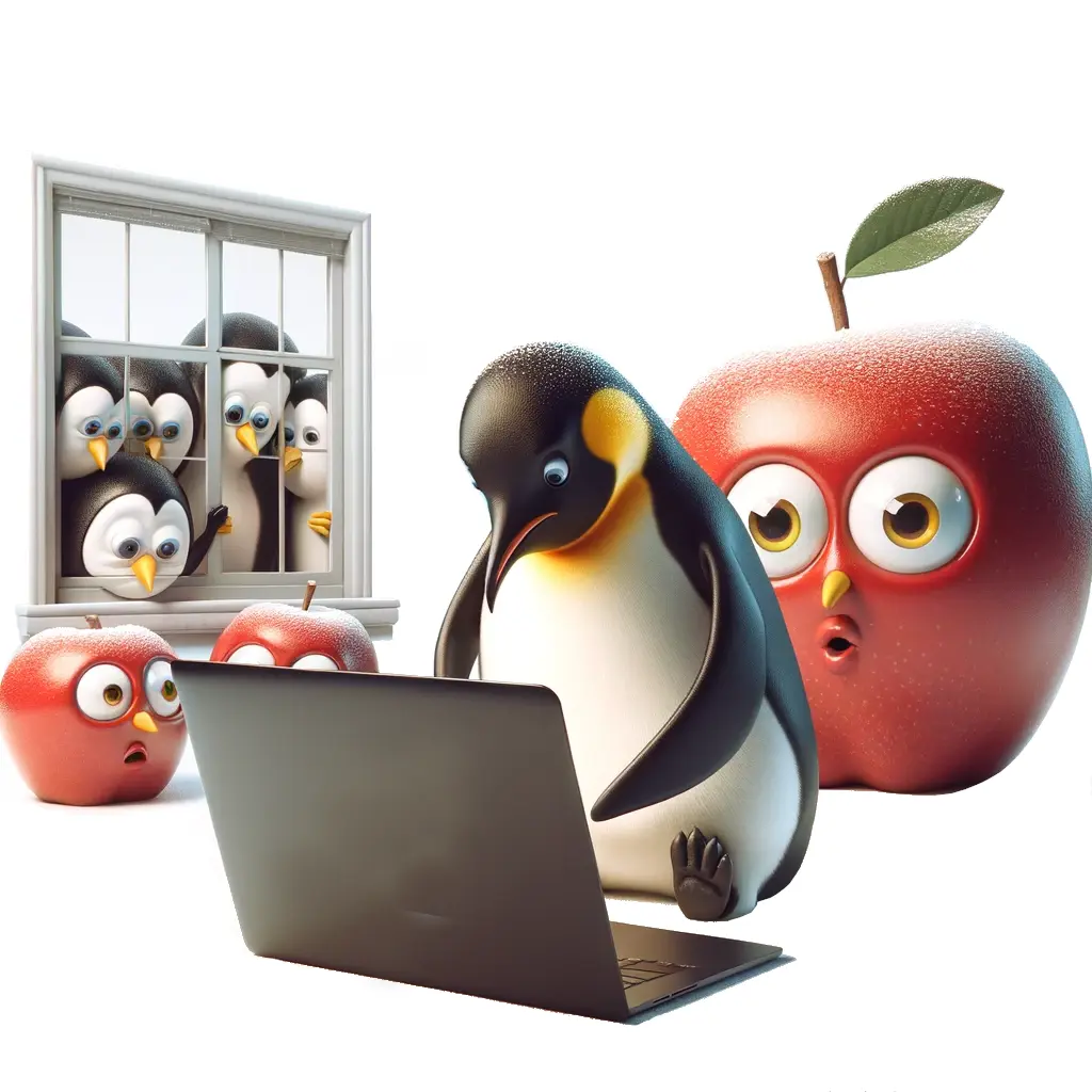 Penguin being admired by apples and windows