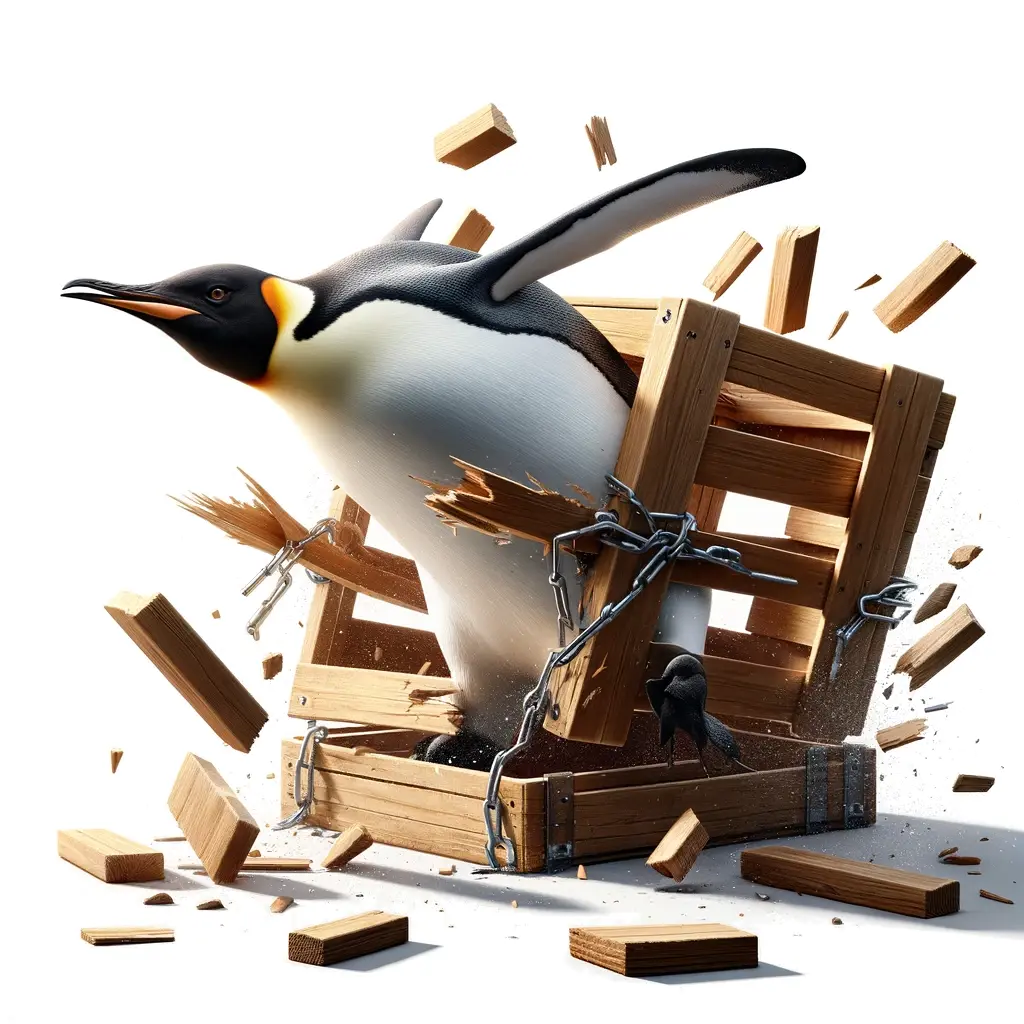 Penguin breaking out of a box