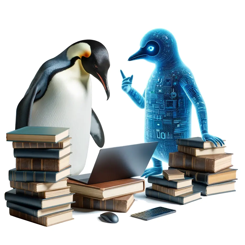 Penguin studying assisted by an AI penguin