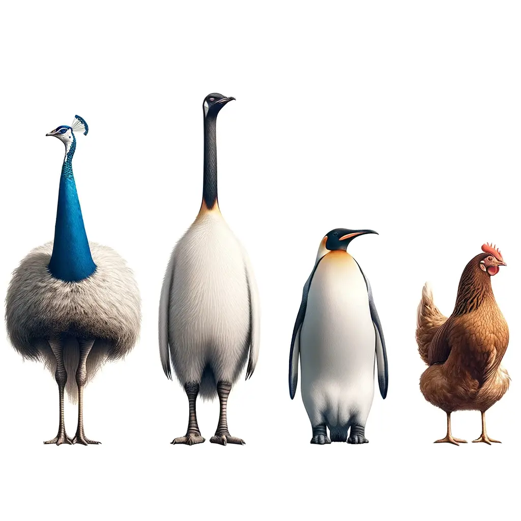 Penguin compared to a ostrich, a chicken and a fantasy animal