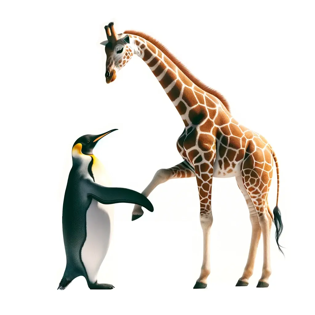 Penguin shaking hands with a giraffe