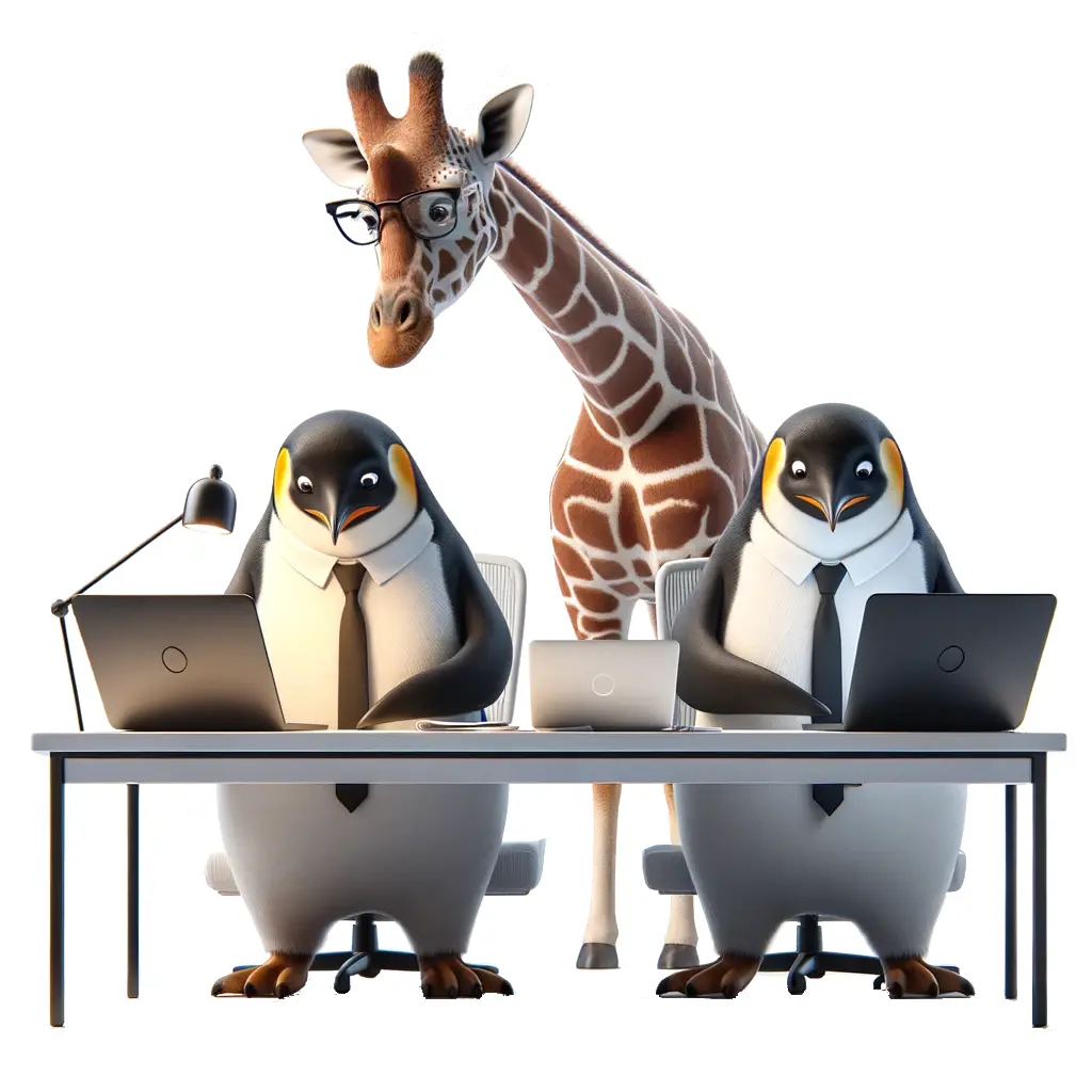 Two penguins sitting at a desk doing Linux Consulting for a giraffe