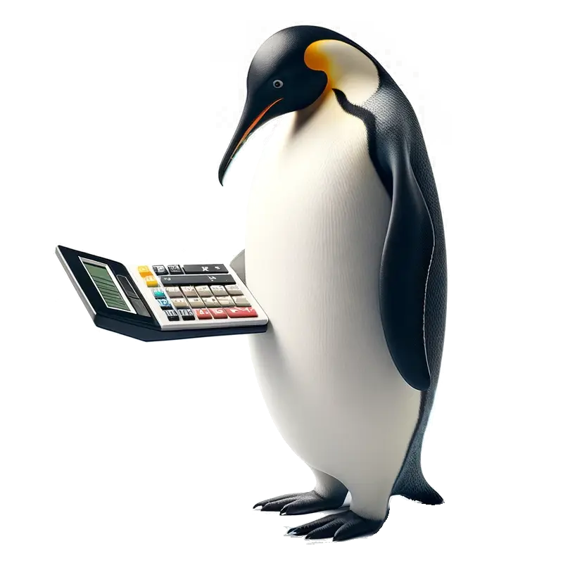An emperor penguin is looking at a large calculator