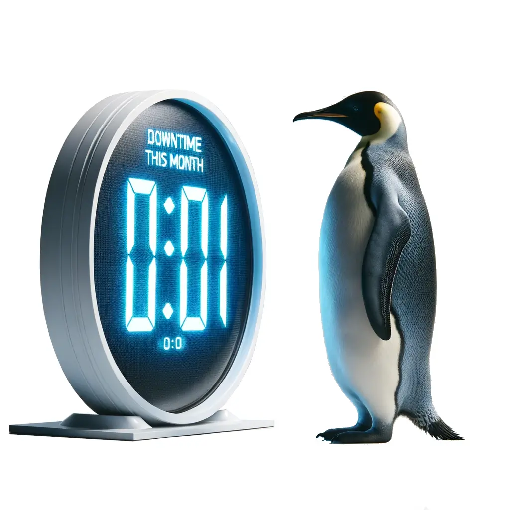 Penguin staring at a downtime timer