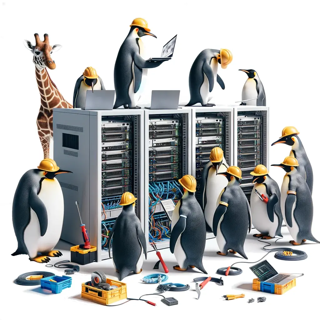 A group of penguins is working on a server rack
